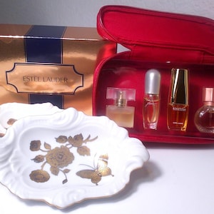 Vintage E. LAUDER GIFT BUNDLE - Estee Lauder Ice Palace Trinket Dishes, Floral Butterfly Motif - Estee Lauder Fragrance Treasures (5 Pieces)
