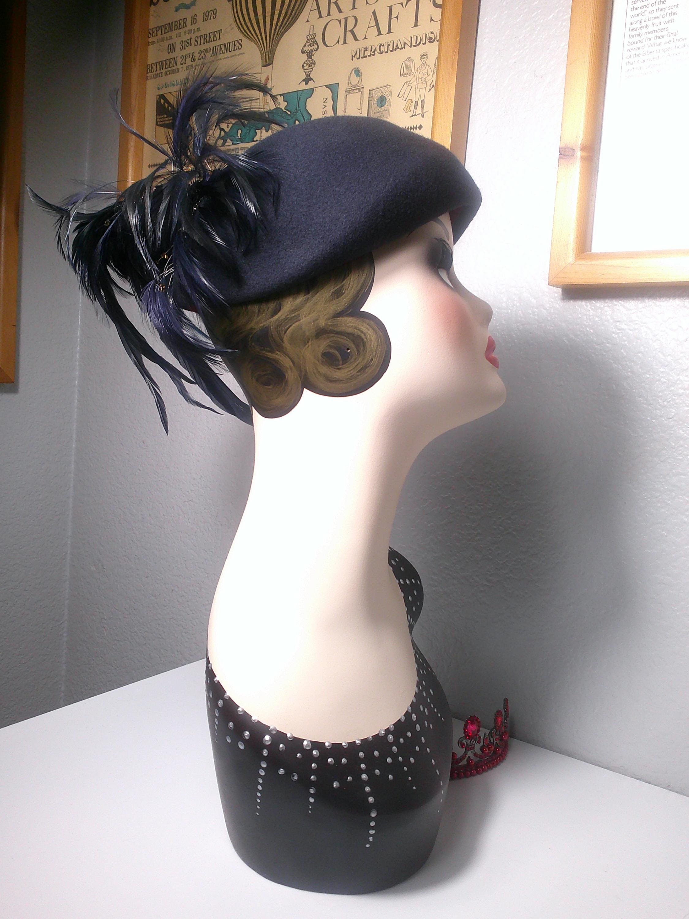 Vintage M. Howard Wool Feathered Hat: Navy Blue Plume, Gold 
