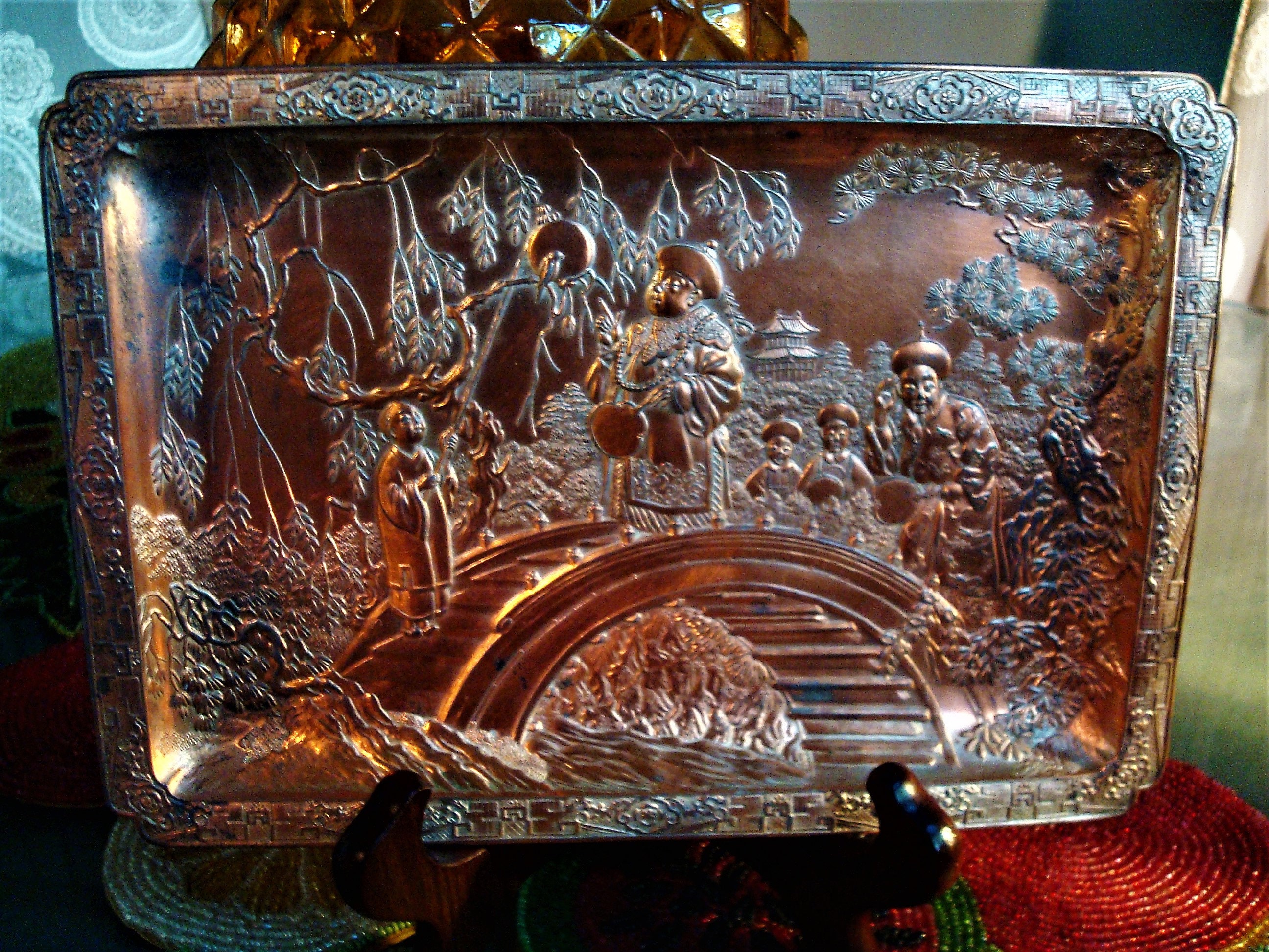 Vintage JAPANESE EMBOSSED TRAY Copper Plated Tin Tray Etsy