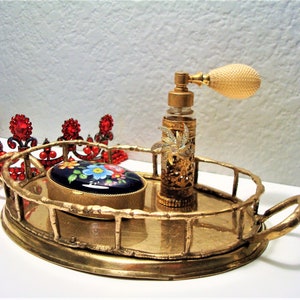 Vintage VANITY ACCESSORIES TRIO – Oval Brass Bamboo Tray, Jeweled Rhinestone Perfume Bottle with Atomizer, Porcelain Pill Box Set