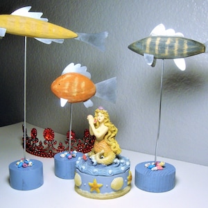 Vintage MERMAID & FISH DECOR - Mermaid Resin Trinket Box, Shell/Pearl Accents - Set of (3) Wood Fish, Metal Rods, Blue Wood, Shell Accents