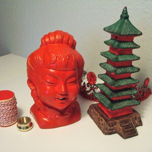 Vintage GEISHA CENSER & PAGODA - Red Ceramic Geisha Bust Censer or String Dispenser, Brass Cone Holder, 10 Yds. String w/ Pagoda Figurine