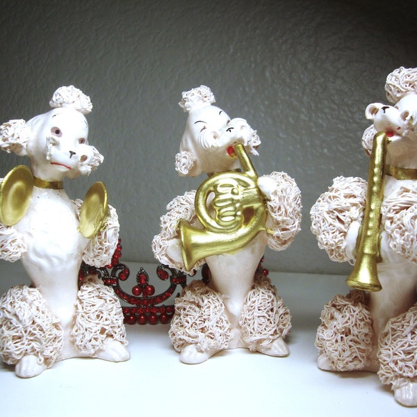 Vintage SPAGHETTI POODLE MUSICIANS - Trio of Pink Porcelain Spaghetti Poodle Figurines - 5" Musician Poodles with Clarinet, Horn & Cymbals