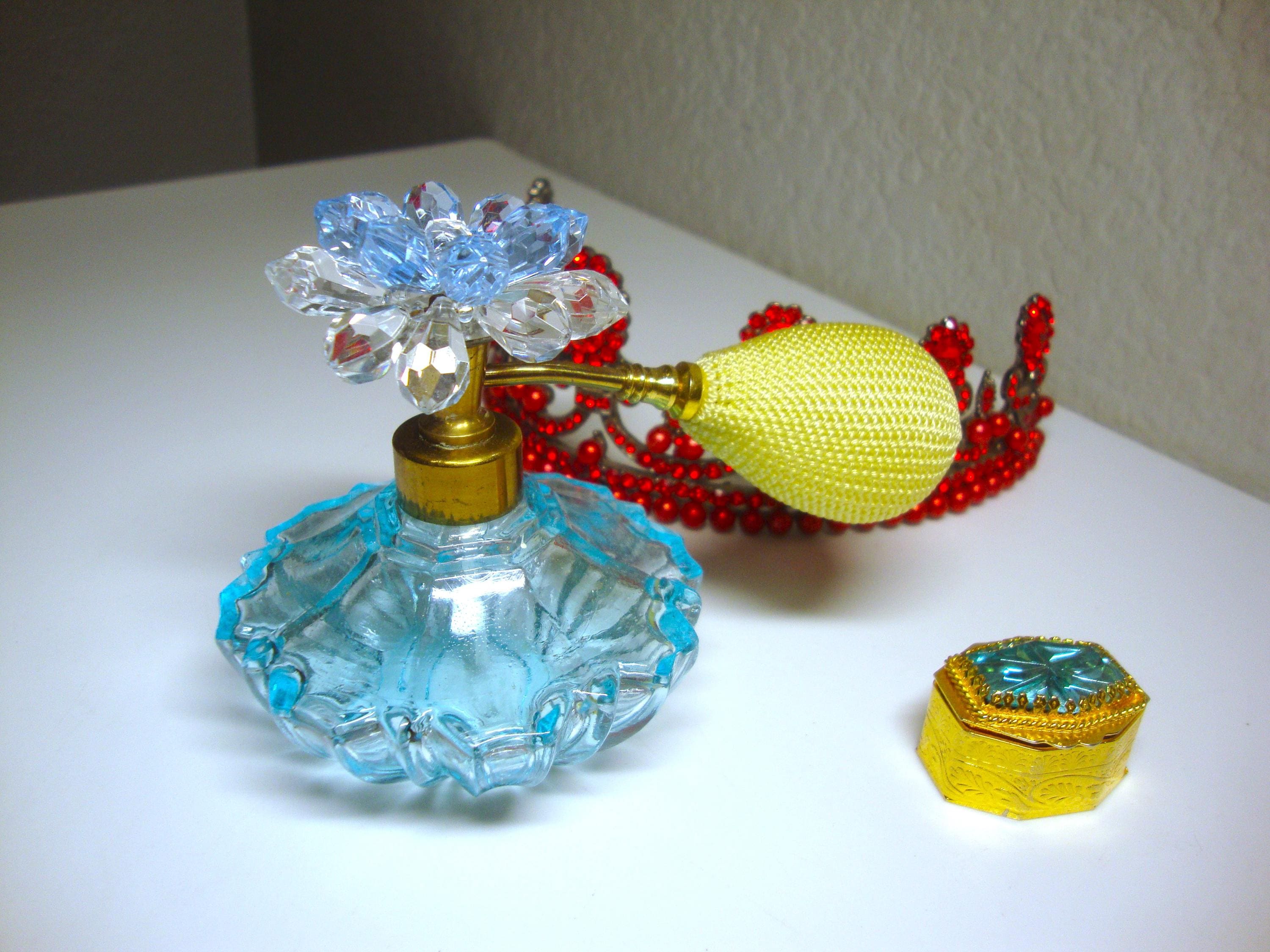 Vintage Aqua-blue Glass Perfume Bottle With Beaded Flower & Gem