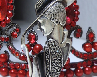Vintage Art Deco Lady Brooch: Marcasite & Onyx, Sterling Silver Fedora