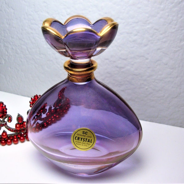 Vintage ITALIAN PERFUME BOTTLE - Purple and Gold Crystal Perfume Bottle, Flower Stopper - 5" High - Genuine Lead Crystal - Made in Italy