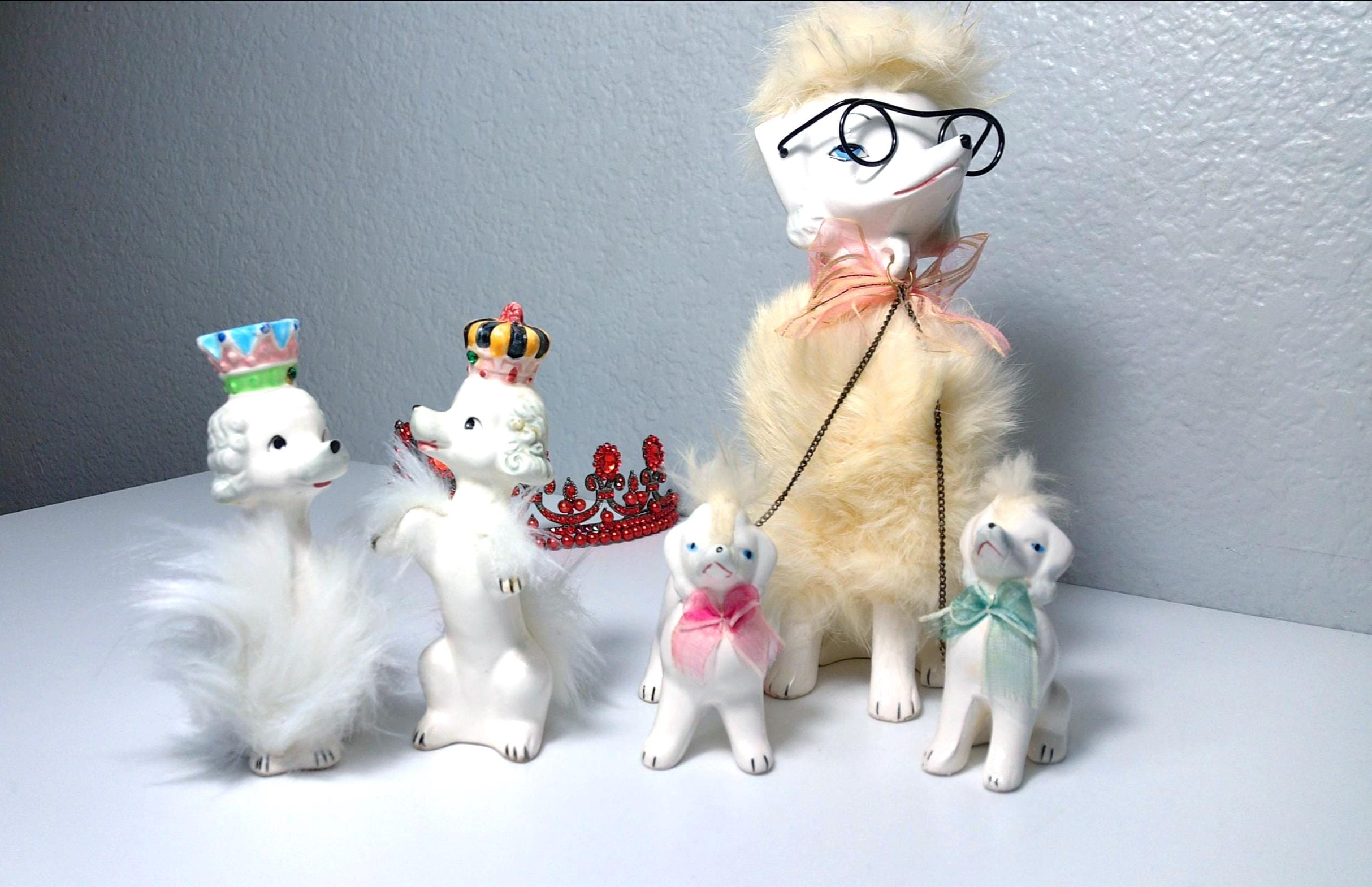 Vintage Faux Fur Poodle Figurines – Mom With Glasses, Crowned