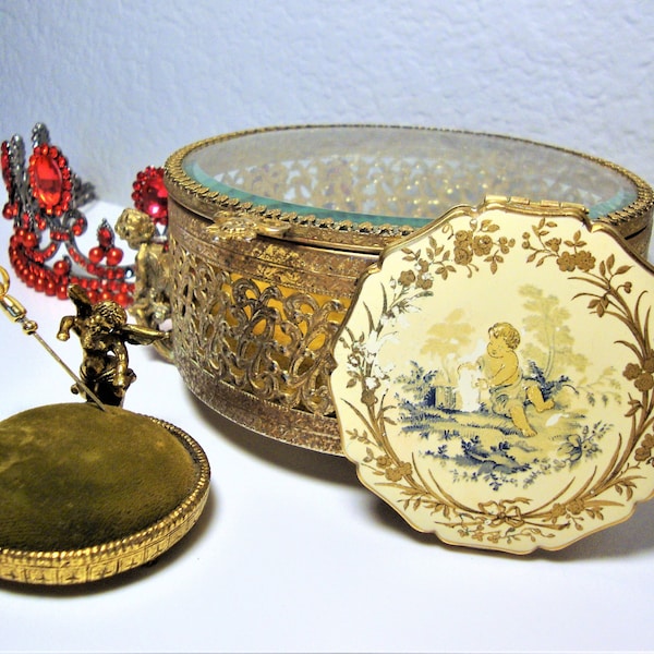 Vintage CHERUB VANITY BUNDLE - Ormolu Cherub Green Velvet Pincushion w/ Stick Pin - Round Bevel Glass Trinket Box - Stratton Mirror Compact