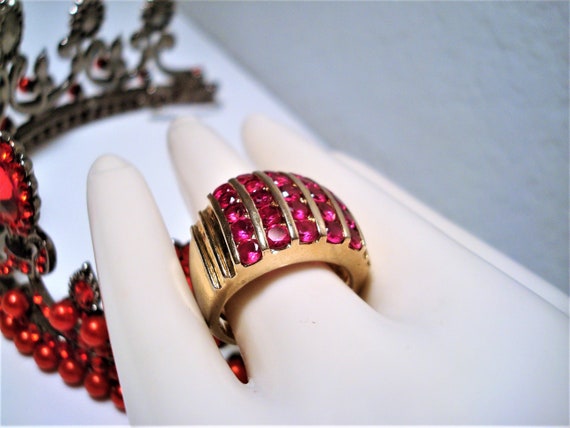 Vintage S.S. VERMEIL SPINEL RING - Rows of Red Sp… - image 3