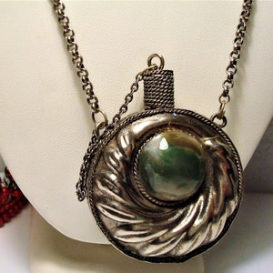 Vintage Bohemian Perfume Bottle Pendant Necklace: Silverplated Faux Stone