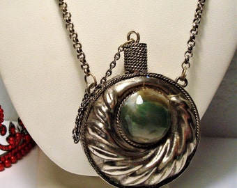 Vintage Bohemian Perfume Bottle Pendant Necklace: Silverplated Faux Stone