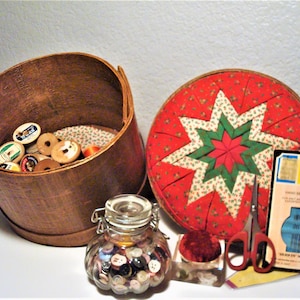 Vintage SEWING BOX & ACCESSORIES - Quilted Top, Round Wood Sewing Box w/ Scissors, Spools of Thread, Needles, Button Jar, Lucite Pin Cushion