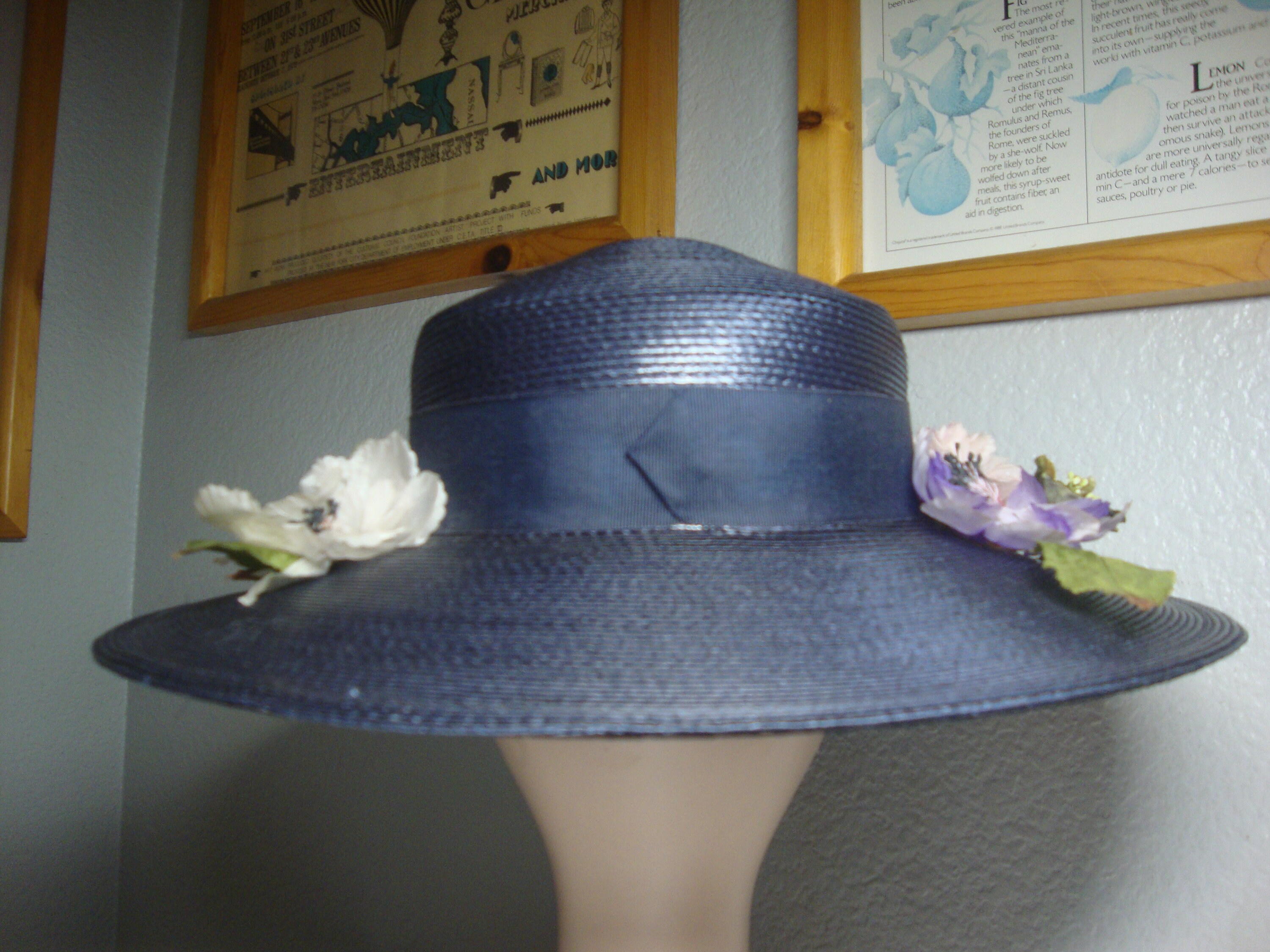 Vintage Navy Blue Straw Sunhat: Wide Brim Floral Accent by  display picture 1
