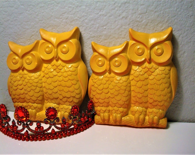 Vintage OWL WALL DECOR 2 Pair of Orangeyellow Owl Chalkware Wall D??cor