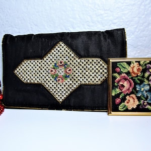 Vintage PETITE POINT ACCESSORIES - Petite Point Roses & Rhinestones Black Clutch-Purse and Petit Point Roses Powder/Mirror Compact By Evans