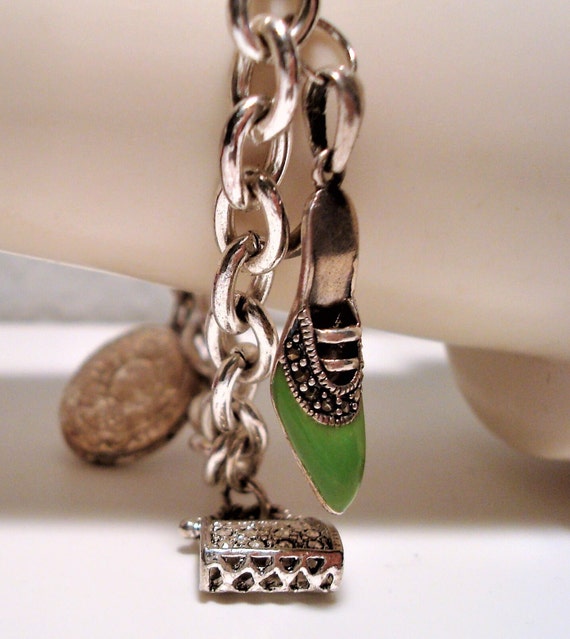 Miriam Haskell Charm Bracelet: Silvertone Locket,… - image 7