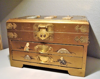 Vintage Oriental Jewelry Box: Gold Lacquer Wood, Carved Stone Accents