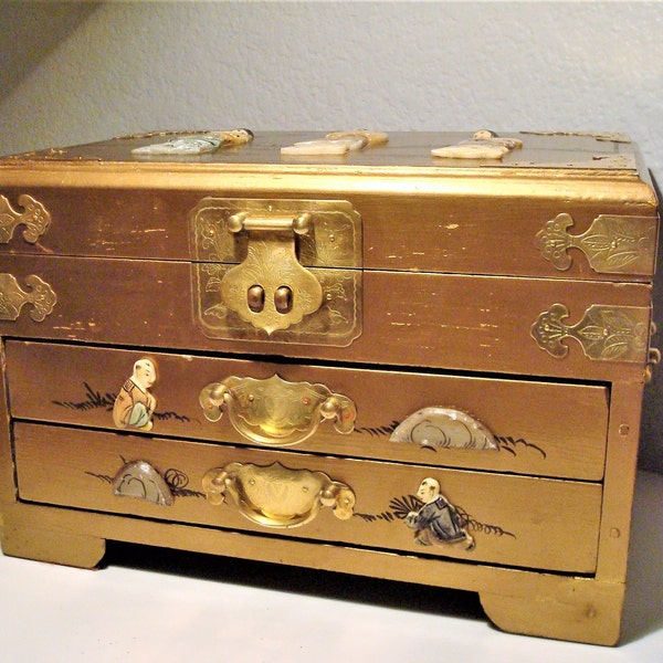 Vintage ORIENTAL JEWELRY BOX - Oriental Gold Lacquer Wood Jewlery Box with Carved Stone & Brass Accents - 3-Compartments - Red Satin Lining