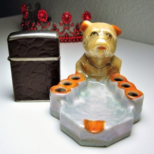 Vintage Working LIGHTER & BULLDOG ASHTRAY - Working Leather Wrap Lighter By Champ, Austria - Ceramic Lusterware Bulldog Cig Holder/Ashtray