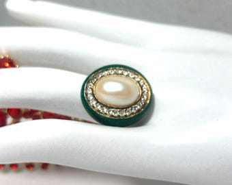 Vintage Gold-Plated Faux Pearl Ring: Green Rhinestone Halo, Size 8.5