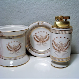 Vintage Working ITALIAN LIGHTER SET: Porcelain Gold Eagle Motif Working Lighter, Ashtray & Cigarette Cup Holder - By W.C.G. Italy