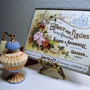 Vintage PERFUME MOTIF DECOR - Handcrafted Faux Porcelain Perfume Bottle w/ Atomizer & French Perfume Ad Glass/Metal Frame - Mini Brass Easel