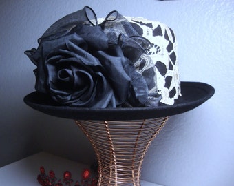 Hooray Henri Black Wool Hat Vintage Black Wool Bowler Hat: Tulle Rose & Lace, Hooray  main image 4