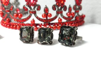 Vintage Smoky Glass Jewelry Set – Sterling Silver Ring & Earrings, Mexico