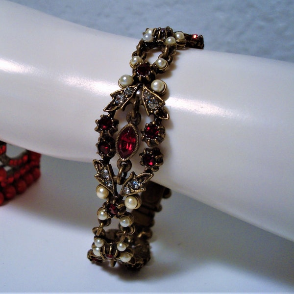 Vintagw SWEET ROMANCE BRACELET - Dark Red Rhinestones & Faux Pearls Link Bracelet Set in Antique Brass-Tone Metal - Signed - Sweet Romance