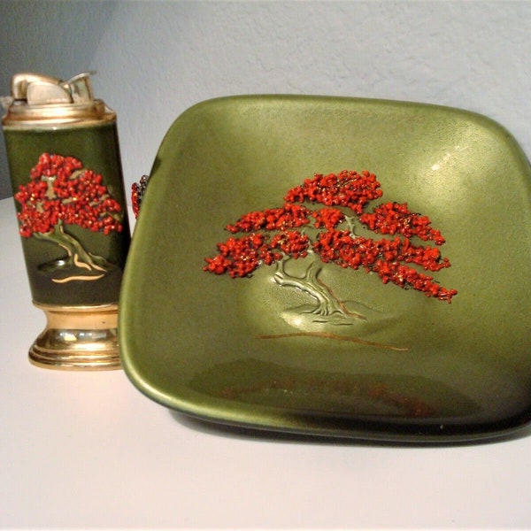 Vintage Working EVANS LIGHTER & ASHTRAY- Working Lighter and Pedestal Ashtray with Raised Red-Pebble Textured Cherry Blossom Tree