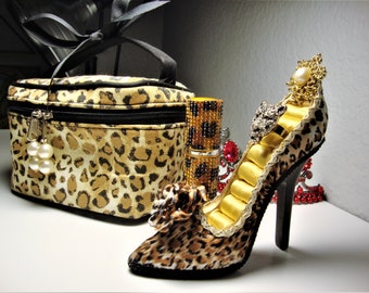 Vintage Leopard Print Accessories Bundle: Toiletry Bag, Atomizer, Ring Holder, Ring, Brooch