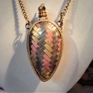 Vintage Woven Metal Perfume Bottle Pendant Necklace: Tri-Color Brass, Copper & Tin