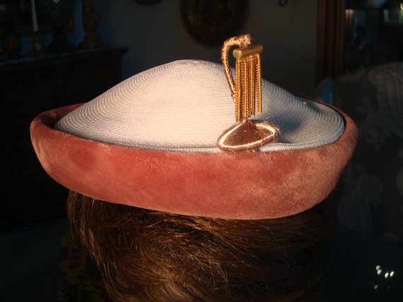 Vintage STRAW & VELVET CAP - Straw, Rust Color Vel