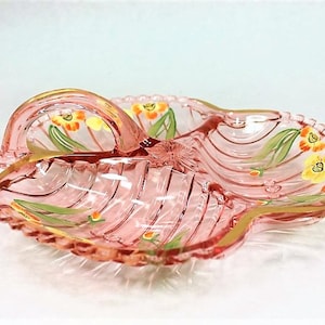 Vintage PINK CANDY DISH - Pretty Pink, Hand-Painted Yellow/Orange Flowers, Glass Divided Candy Dish