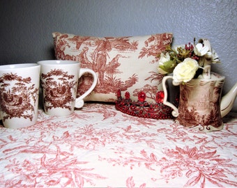 Vintage RED TOILE BUNDLE - Porcelain Creamer Pitcher w/ Bouquet & Pair Tea or Coffee Mugs - Pair Quilited Placemats - Small 11" x 7" Pillow