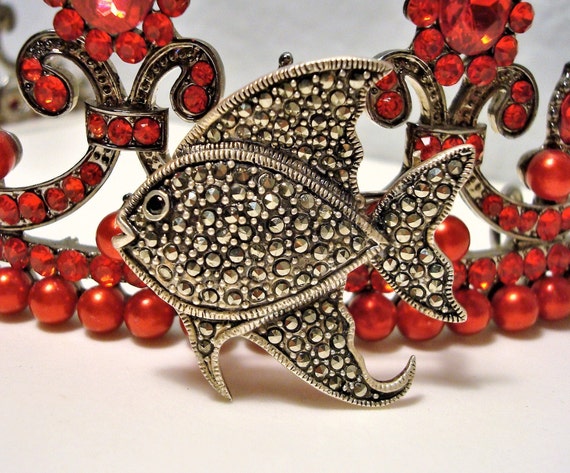 Vintage MARCASITE FISH BROOCH - Marcasite & Sterl… - image 1