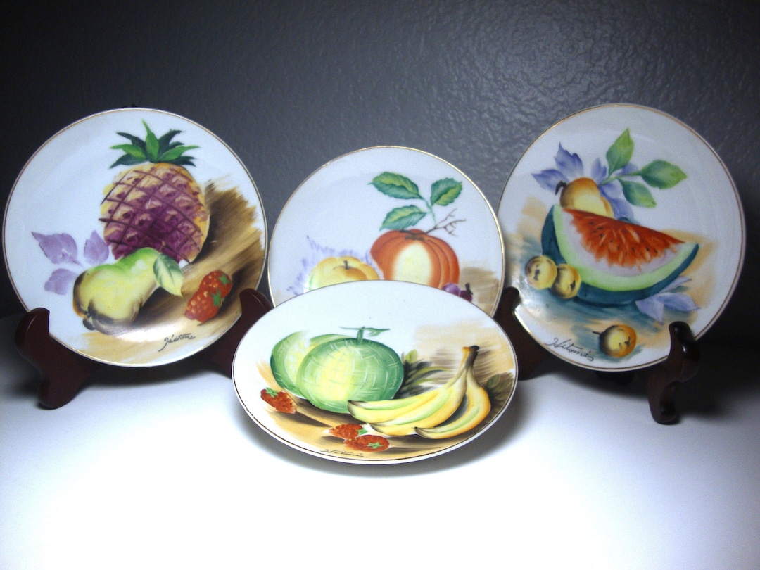 Vintage HANDPAINTED FRUIT PLATES Set of 4 Porcelain Fruit Motif Signed