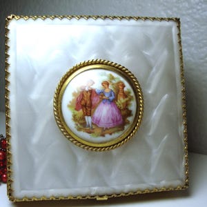 Vintage Faux MOP Cameo Vanity Box: Gold Filigree Courting Scene