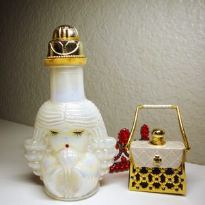 Vintage NOVELTY PERFUME BOTTLES - Pair White Iridescent Glass Doll Bottle & Cobalt Blue Glass Purse Bottle, White Metal Overlay/Gold Handle