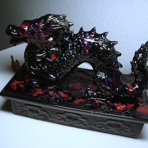 Vintage CERAMIC DRAGON BOX - Unique Hand Crafted Large Ceramic Black, Red, Blue 3D Dragon Lid Oriental Box - 9.5&quot; Long - 5&quot; Deep - 7.5&quot; High