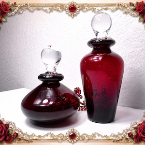 Vintage Ruby Red Blown Glass Perfume Bottle Decanters - Pair