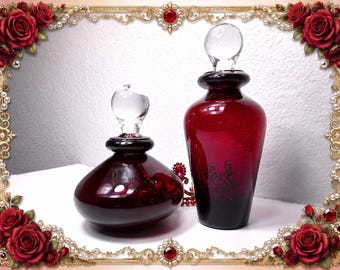 Vintage Ruby Red Blown Glass Perfume Bottle Decanters - Pair