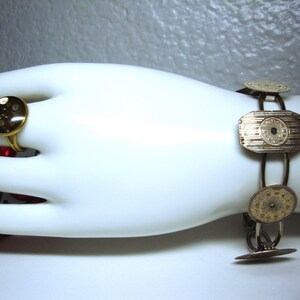 Vintage STEAMPUNK RING & BRACELET - G.P. Costume Acrylic Steampunk Ring, Size 7, Expandable and Silver-Metal Steampunk Watch Face Bracelet