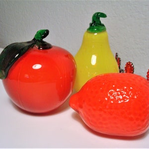 Vintage TRIO GLASS FRUITS - Set Three Glass Fruits: Red Apple w/ Green Leaf, Yellow Pear w/ Green Leaf & Big Red Strawberry w/ Green Leaf