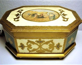 Vintage Florentine Jewelry Music Box: Gold & Green Velvet - "Both Sides Now"