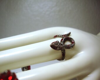 Vintage Sterling Silver Marcasite Snake Ring - Red Enamel, Size 7.5