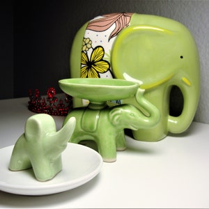 Vintage GREEN ELEPHANT TRIO – Ceramic Elephants: Oval Dish Elephant, Ring Holder & Dish, For-Long Floral Bank, Display Collectibles