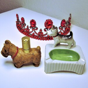 Vintage Working SCOTTIE LIGHTER & ASHTRAY - Working Scottie Lighter, Brown Resin Scottie Dog with Red Collar and Ceramic Scottie Dog Ashtray