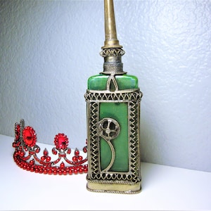 Vintage GREEN MOROCCAN BOTTLE - Green Glass Moroccan Perfume or Oil Fragrance Sprinkler Bottle with Ornate Silver and Brass Metal Filigree