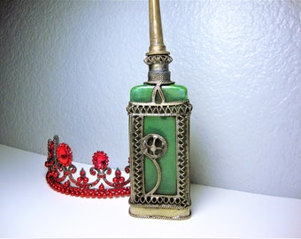 Vintage GREEN MOROCCAN BOTTLE - Green Glass Moroccan Perfume or Oil Fragrance Sprinkler Bottle with Ornate Silver and Brass Metal Filigree